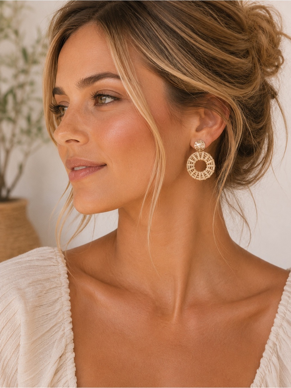 Boho Woven Rattan Hoop Statement Earrings | Coastal Chic Natural Fiber